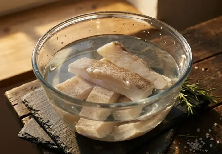 Trozo de bacalao sumergido en agua para desalar.