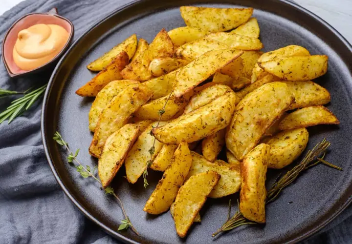 Patatas fritas al horno doradas y crujientes, sazonadas con hierbas, servidas en un plato oscuro con una salsa cremosa y romero fresco.