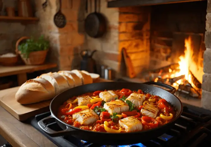 Bacalao ajoarriero en sartén, con pimientos y pan rústico, junto a una chimenea encendida.