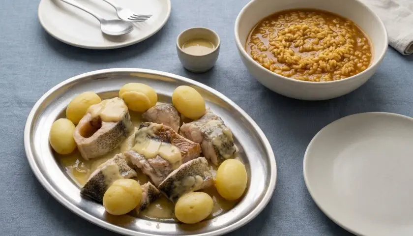 Bullit de peix servido en una bandeja de plata con patatas y una salsa cremosa, acompañado de un cuenco de arroz y un plato vacío.