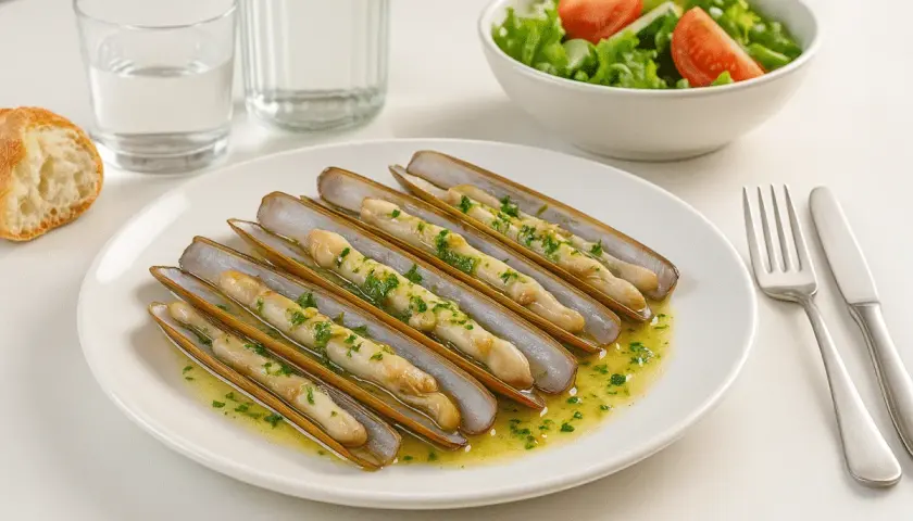 Deliciosas navajas a la plancha con ajo y perejil, servidas en una fuente con pan, ensalada y agua.