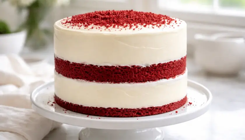 Pastel red velvet de dos capas, cubierto con glaseado cremoso y decorado con migas rojas.