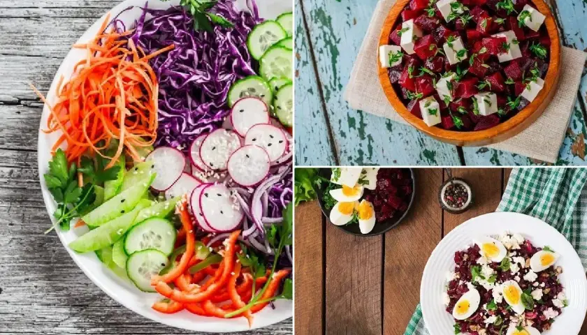 Variedad de ensaladas de remolacha, una con queso feta y hierbas, otra con huevo duro y queso, y una ensalada colorida con col morada, zanahoria y pepino.
