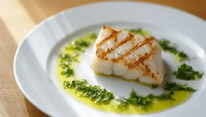 Un delicioso bacalao a la plancha, con marcas doradas, servido en un plato blanco con aceite de oliva y hierbas frescas.
