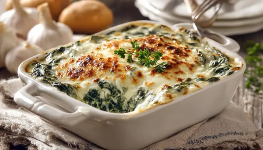 Delicioso plato de espinacas a la crema, gratinado con queso dorado y perejil fresco. Acompañado de ajos y patatas.