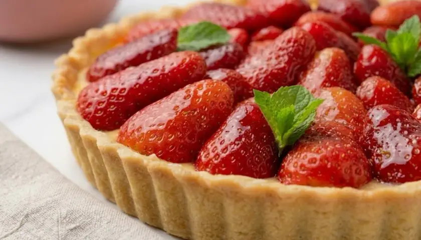 Tarta de fresa fresca y brillante, con una masa dorada y hojas de menta.