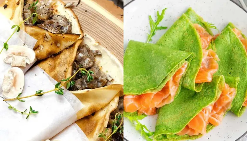 Dos tipos de crepes salados: uno relleno de champiñones y carne, y otro verde con salmón ahumado.