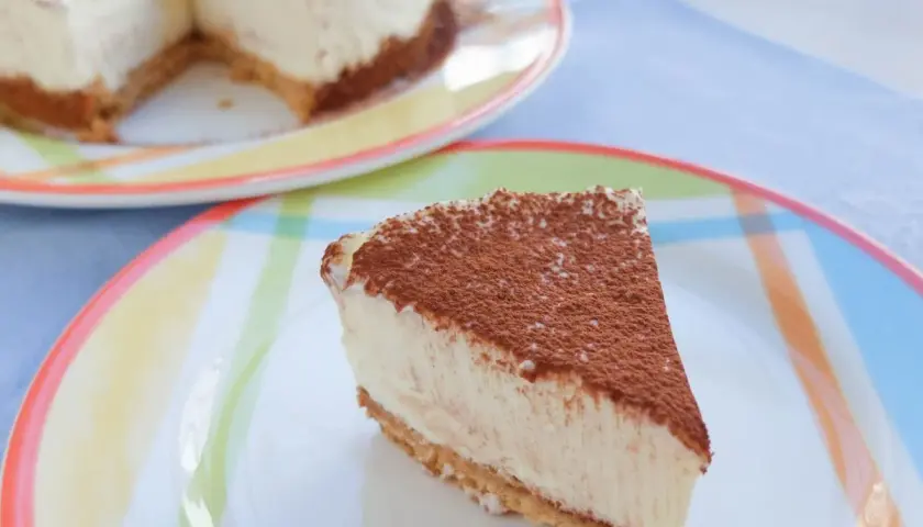 Una porción de tarta de queso fría, espolvoreada con cacao, reposa en un plato de colores. El postre perfecto para un día caluroso.