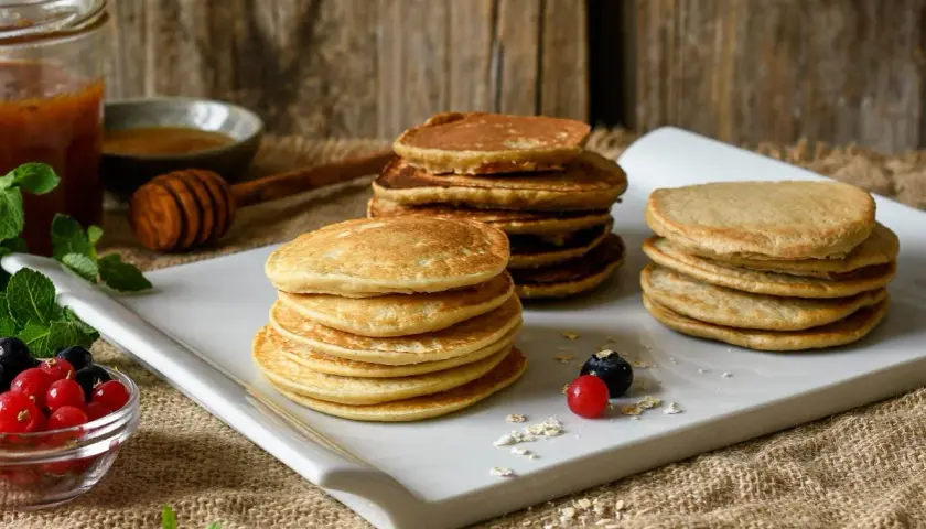 Montón de tortitas de avena doradas, servidas con bayas frescas y miel.
