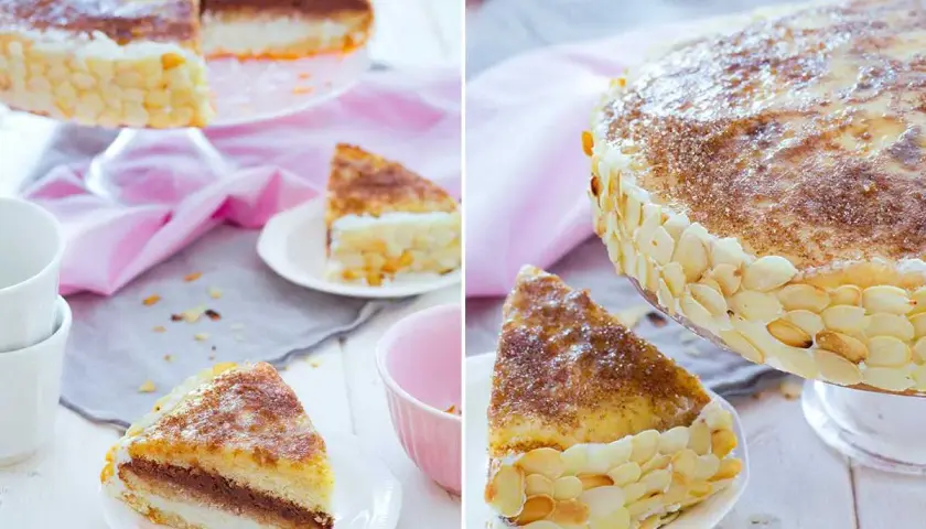 Deliciosa tarta San Marcos con capas de bizcocho, crema y cobertura de almendras laminadas. Un postre perfecto para celebrar.