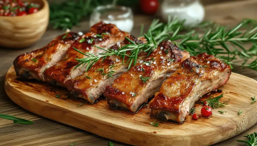 Costillas de cerdo glaseadas y jugosas, adornadas con romero fresco y sal gruesa, servidas en una tabla de madera.