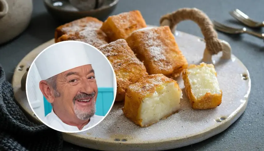 Chef sonríe junto a una bandeja de deliciosa leche frita espolvoreada con azúcar.