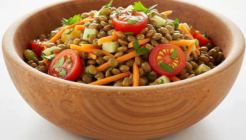 Deliciosa ensalada de lentejas con tomates cherry, zanahoria rallada y perejil, servida en un cuenco de madera.