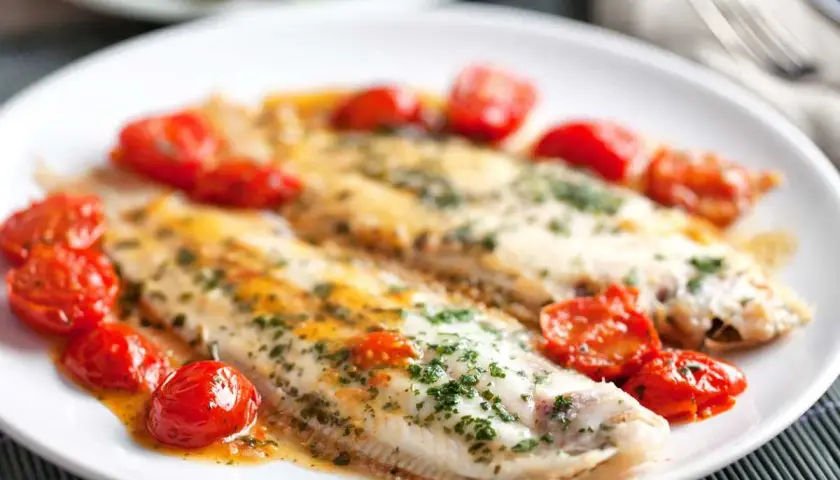 Dos filetes de lenguado a la plancha, servidos con tomates cherry salteados y perejil picado.
