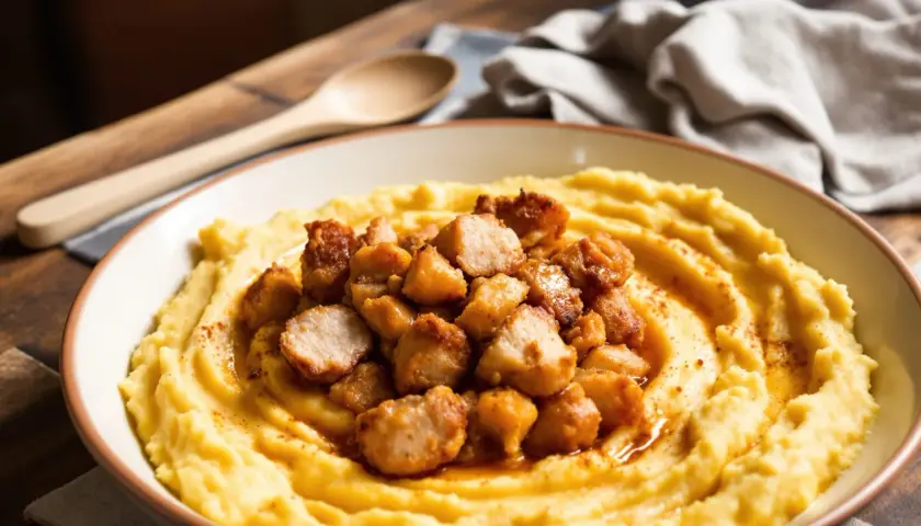 Patatas revolconas cremosas con trocitos de carne dorada, espolvoreadas con pimentón. Un plato reconfortante listo para disfrutar.