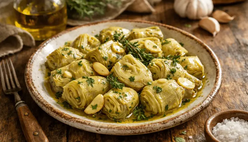 Plato rústico con alcachofas confitadas, tiernas y doradas, bañadas en aceite de oliva y hierbas frescas.