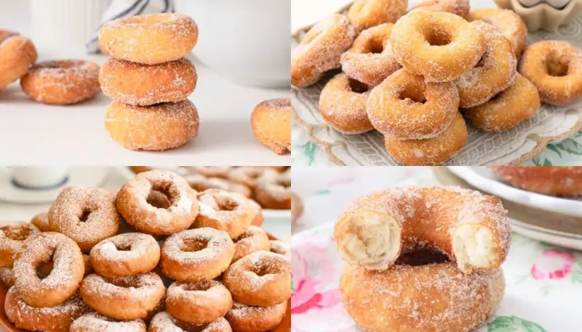 Montaje de rosquillas caseras, perfectas para aprender como hacer rosquillas. Doradas, azucaradas y esponjosas.
