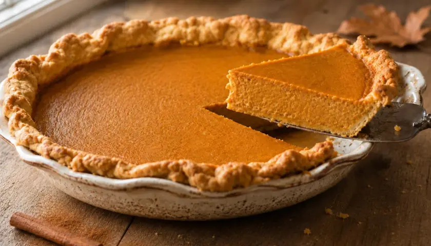 Una rebanada de tarta de calabaza recién horneada, con su masa dorada y relleno cremoso, lista para ser disfrutada.
