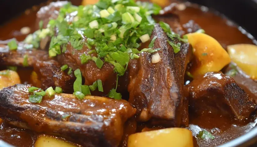 Patatas con costillas estofadas en salsa oscura, cubiertas con cebolleta picada. Un plato reconfortante y sabroso.