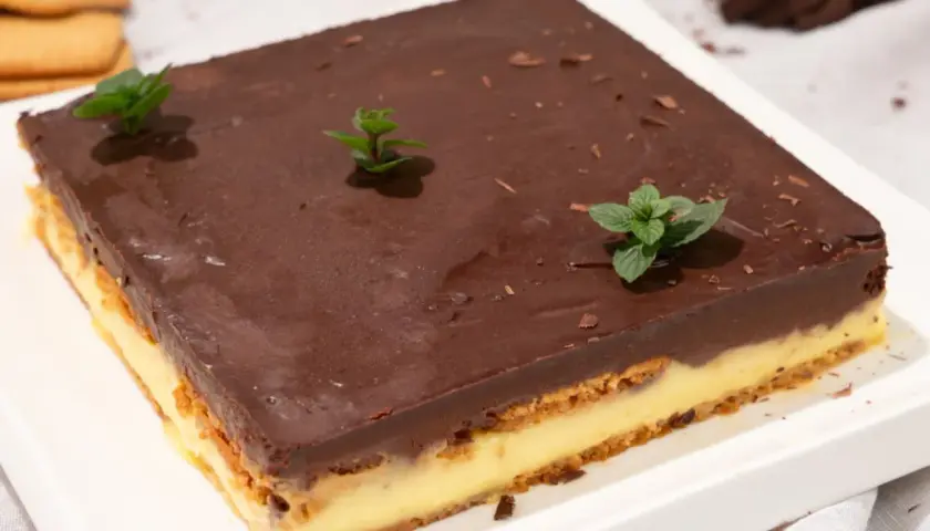 Deliciosa tarta de galletas de la abuela, cubierta de chocolate y decorada con menta.