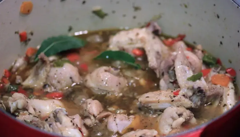 Un delicioso estofado de pollo burbujea en una olla roja, con trozos de pollo, zanahorias y pimientos.