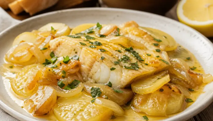 Merluza al horno jugosa con patatas panadera y cebolla caramelizada, espolvoreada con perejil fresco.
