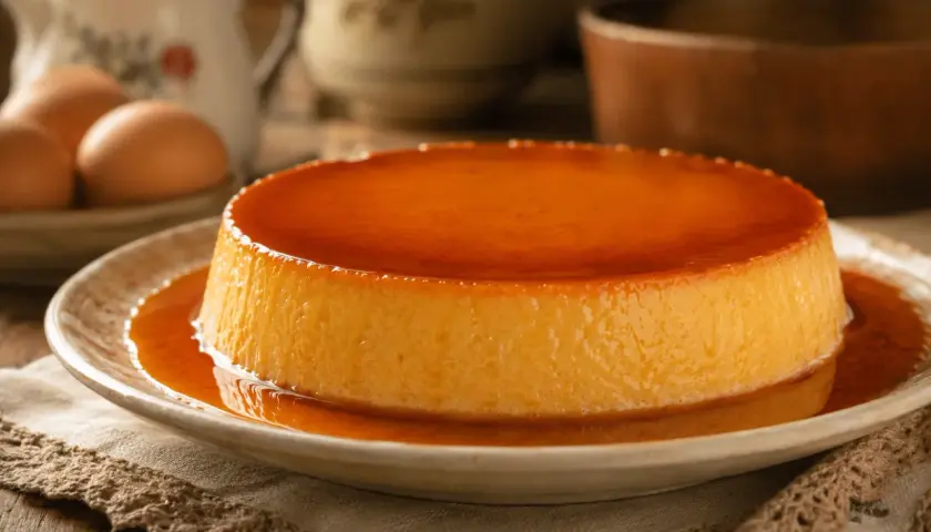 Delicioso flan de huevo casero con caramelo líquido, listo para disfrutar. Huevos frescos en el fondo.