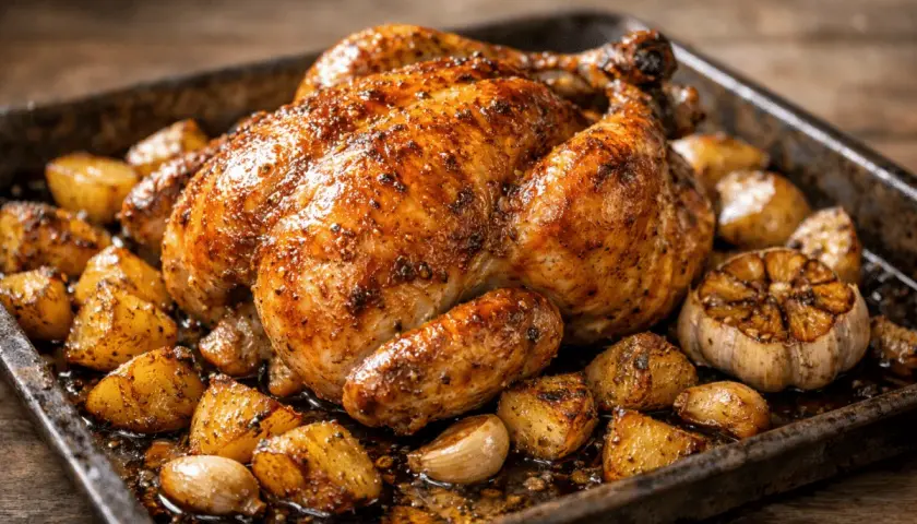 Pollo al horno dorado y jugoso, acompañado de patatas rústicas y ajos asados en una bandeja metálica.