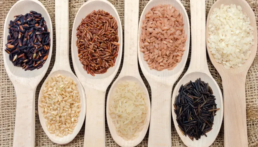 Cucharas de madera con distintos tipos de arroz, listos para cocer. Arroz negro, integral, rojo y blanco.