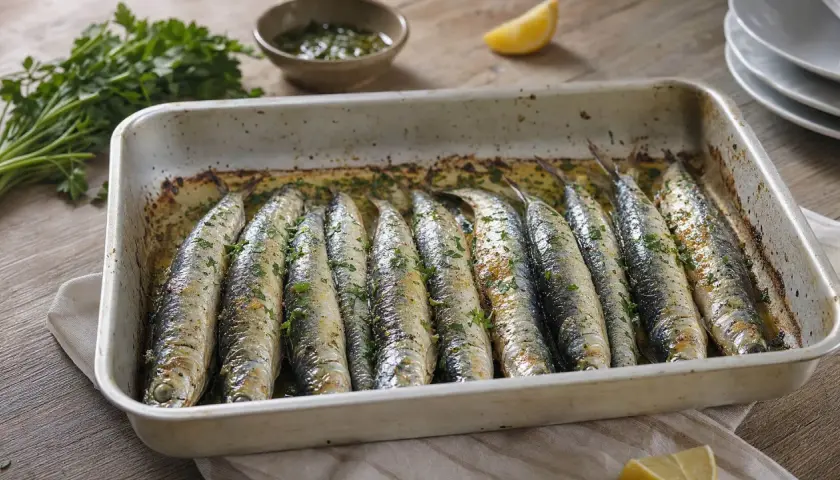 Sardinas al horno recién hechas, doradas y espolvoreadas con perejil fresco, listas para disfrutar con un toque de limón.