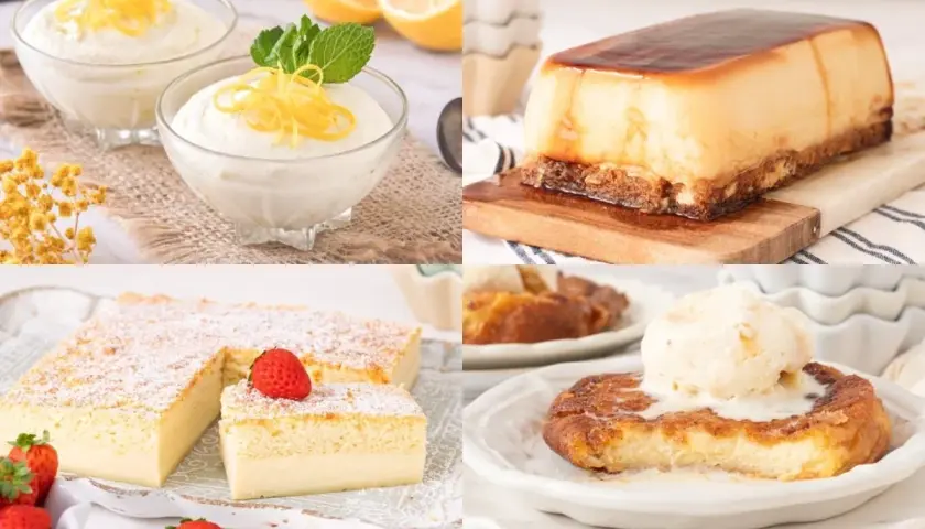 Deliciosos postres caseros: mousse de limón, flan, bizcocho esponjoso y torrijas con helado. ¡Un festín para los sentidos!