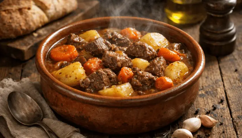 Un humeante estofado de ternera con patatas y zanahorias en una cazuela de barro, listo para ser servido con pan rústico.