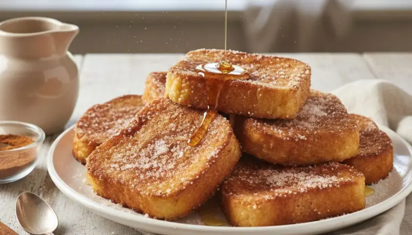 Torrijas de leche doradas y crujientes, espolvoreadas con azúcar y canela, con un hilo de miel cayendo sobre ellas.