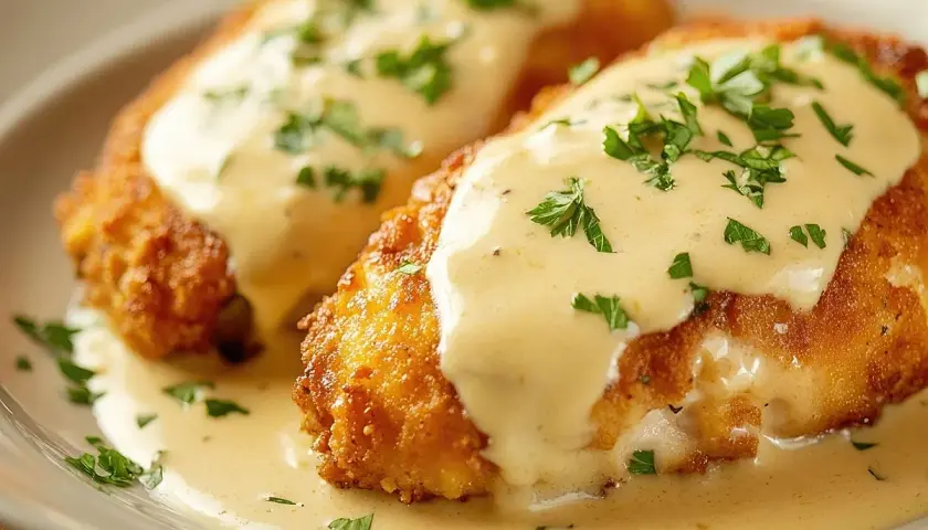 Dos pechugas villaroy doradas y crujientes, cubiertas con una cremosa salsa bechamel y perejil picado.