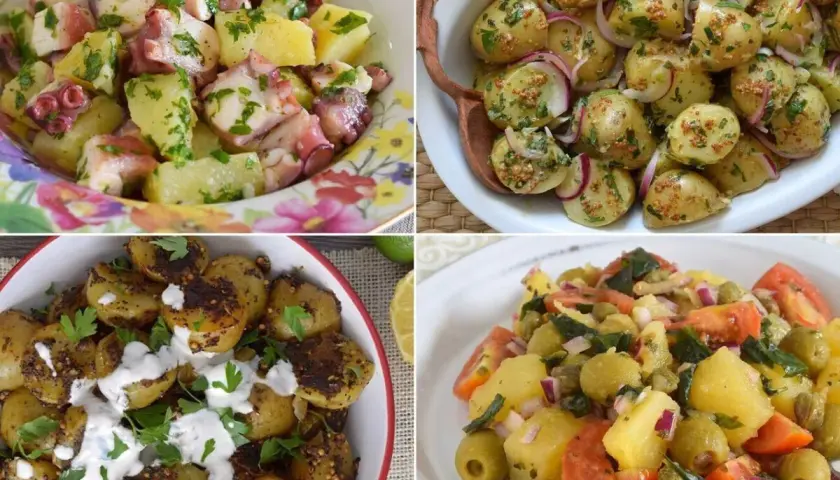 Cuatro deliciosas variantes de amanida de patata: con pulpo, con cebolla morada y mostaza, asada con aliño cremoso y con aceitunas y tomate.