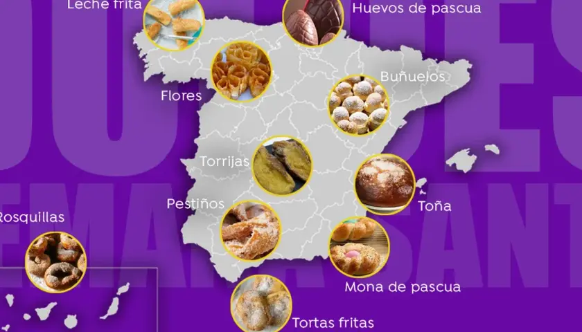 Mapa de España con dulces típicos de Semana Santa: leche frita, flores, torrijas, pestiños, rosquillas, huevos de pascua, buñuelos, toña, mona de pascua y tortas fritas.
