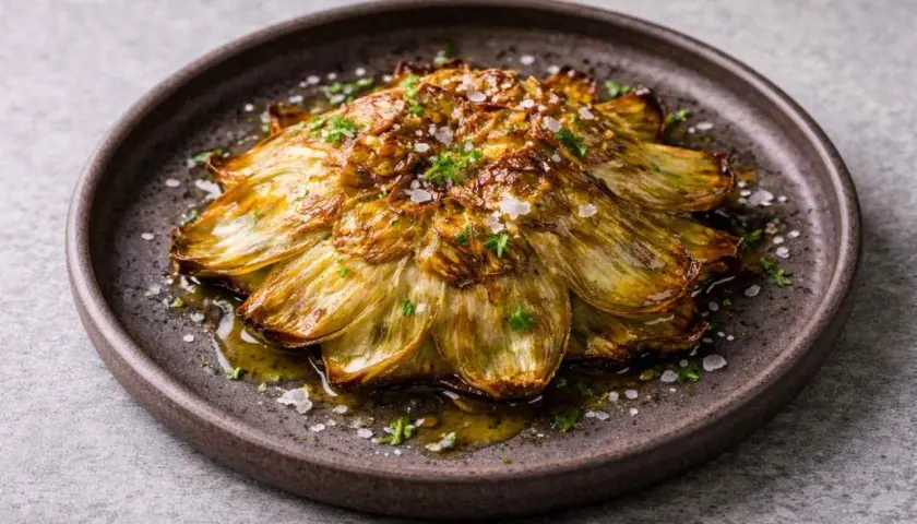 Deliciosas alcachofas a la plancha, doradas y tiernas, bañadas en aceite de oliva y espolvoreadas con sal marina y perejil fresco.