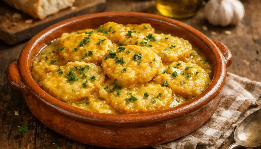 Patatas a la importancia, un plato reconfortante en cazuela de barro, adornado con perejil fresco.