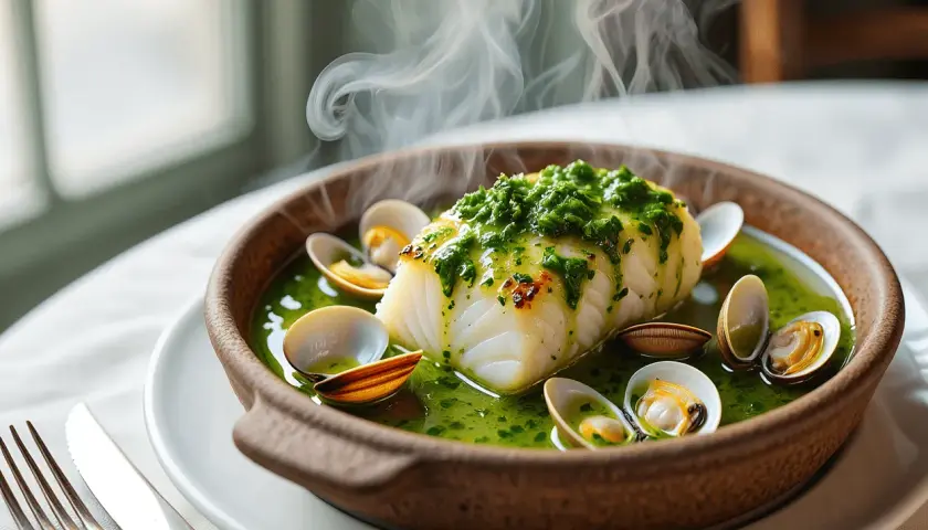 Delicioso bacalao en salsa verde, con almejas y vapor ascendiendo. Un plato humeante listo para disfrutar.