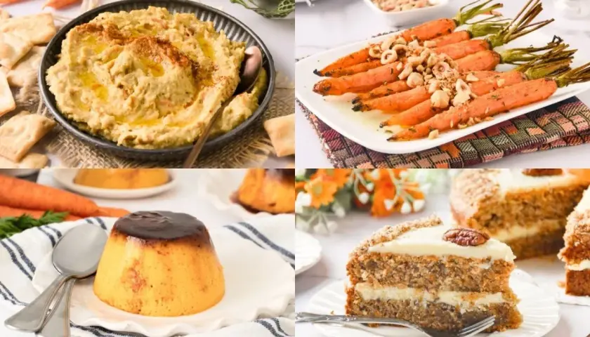 Hummus, zanahorias asadas, flan y pastel de zanahoria. ¡Deliciosas recetas con zanahoria para todos los gustos!