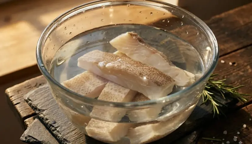 Trozo de bacalao sumergido en agua para desalar.