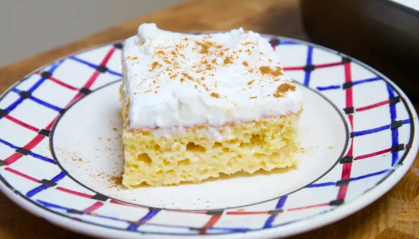 Un trozo de tarta tres leches, esponjoso y cubierto de crema batida con canela, servido en un plato decorado.