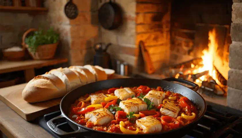 Bacalao ajoarriero en sartén, con pimientos y pan rústico, junto a una chimenea encendida.