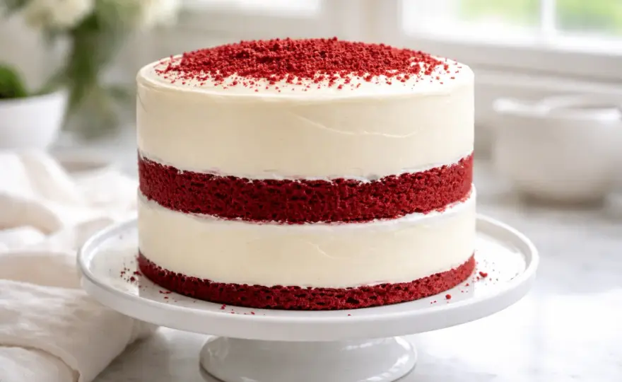 Tarta de terciopelo rojo con miga tierna y crema de queso