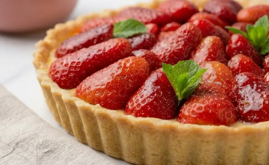 Tarta de fresa casera con crema pastelera y base crujiente