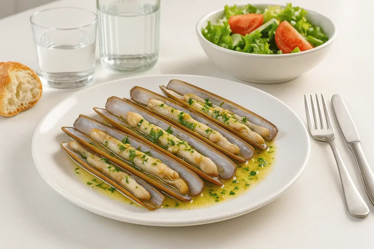 Deliciosas navajas a la plancha con ajo y perejil, servidas en una fuente con pan, ensalada y agua.