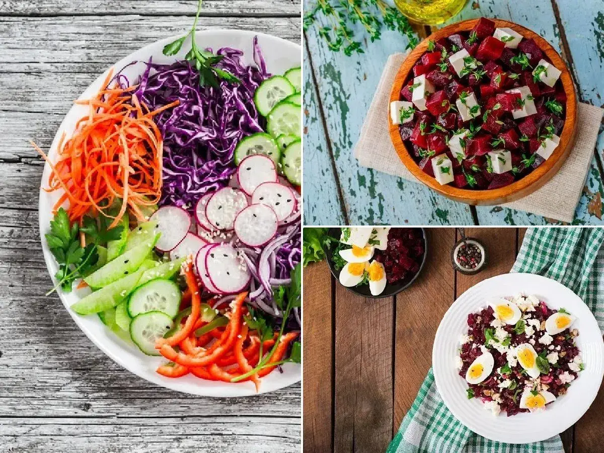 Variedad de ensaladas de remolacha, una con queso feta y hierbas, otra con huevo duro y queso, y una ensalada colorida con col morada, zanahoria y pepino.