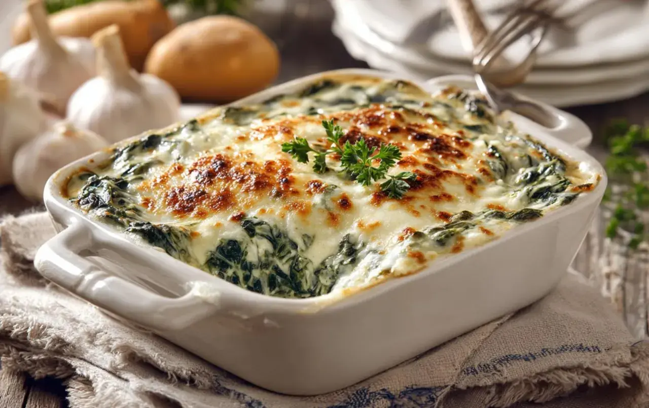 Delicioso plato de espinacas a la crema, gratinado con queso dorado y perejil fresco. Acompañado de ajos y patatas.