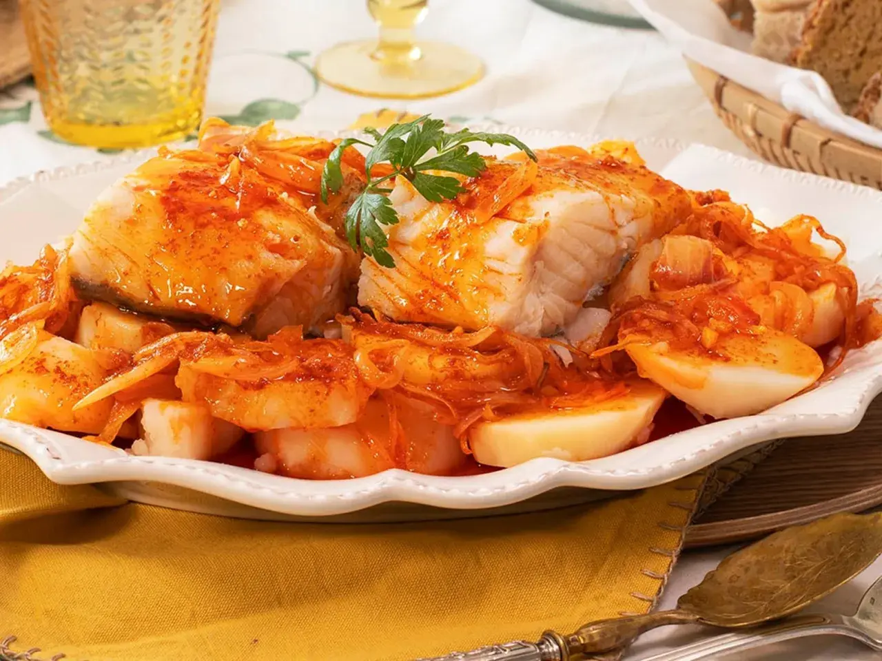 Bacalao a la gallega, un plato tradicional con trozos de pescado blanco cubiertos de una salsa rojiza con cebolla y patatas cocidas.