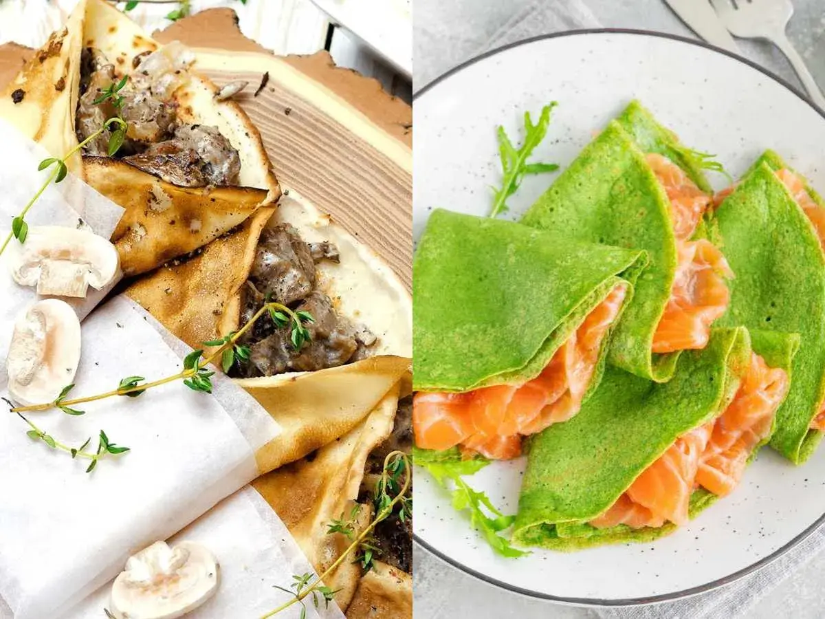 Dos tipos de crepes salados: uno relleno de champiñones y carne, y otro verde con salmón ahumado.